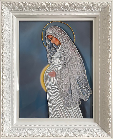 Икона Богородицы вышивка бисером оформление в белый багет